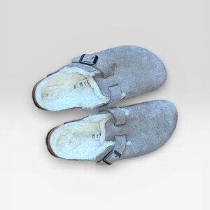 Birkenstock Boston Shearling Clogs Suede Fur Lined Light Grey Size 38 GUC